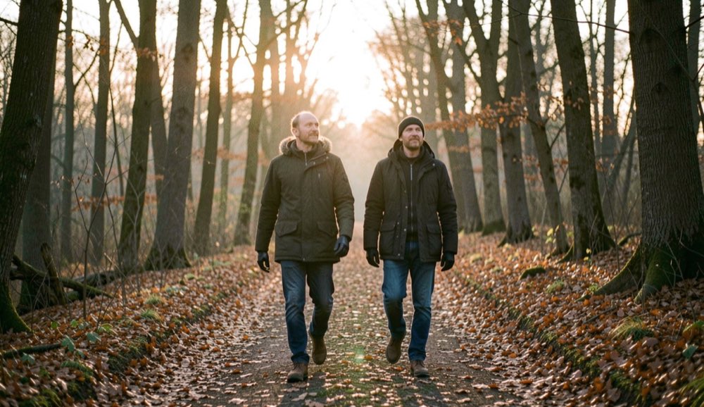 Twee mensen wandelen over een bospad met gevallen bladeren, met de zon laag tussen de bomen.