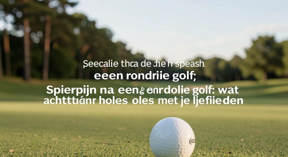 Een golftas met clubs staat tegen een houten bankje naast een fairway, in laag ochtendlicht.