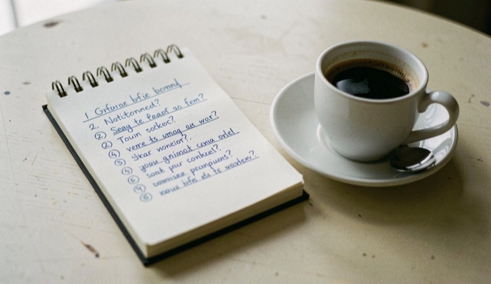 Een notitieblok met een lijst genummerde vragen ligt naast een kop koffie op een lichte tafel.